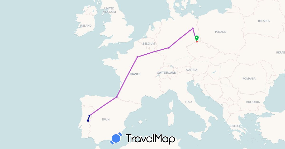 TravelMap itinerary: driving, bus, train, hiking in Czech Republic, Germany, France, Portugal (Europe)